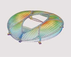 Fig. 2 – Stade Al Janoub au Qatar [1] Gauche : modèle d&#039;analyse de structure dans SCIA Engineer, présenté dans le cadre du concours des utilisateurs SCIA 2020 ; droite : Visualisation architecturale