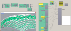 Fig 1 – Script visuel qui génère une topologie de treillis en 3D (topologie de la structure résultante en bas à gauche)