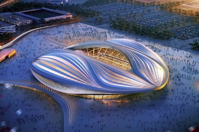 Fig. 2 – Stade Al Janoub au Qatar [1] Gauche : modèle d&#039;analyse de structure dans SCIA Engineer, présenté dans le cadre du concours des utilisateurs SCIA 2020 ; droite : Visualisation architecturale